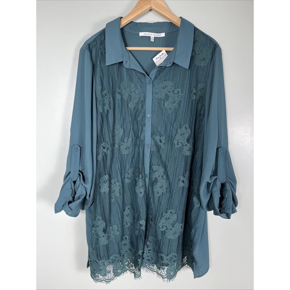 New Collective Concepts Women’s 2X Lace Blouse Top Dark Green‎ Button LongSleeve